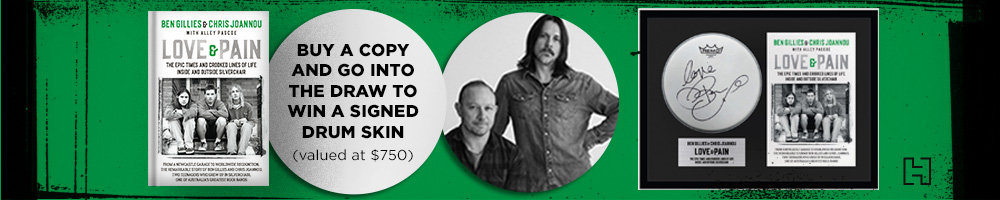 Buy a copy of Love & Pain by Ben Gillies and Chris Joannou and go in the draw to win a SIGNED Drum Skin!