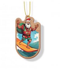 Wooden Ornament Surfing Santa